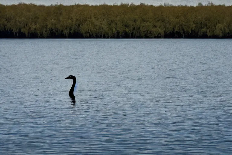 Prompt: long view, black swan in the middle of the lake, in style of classicism