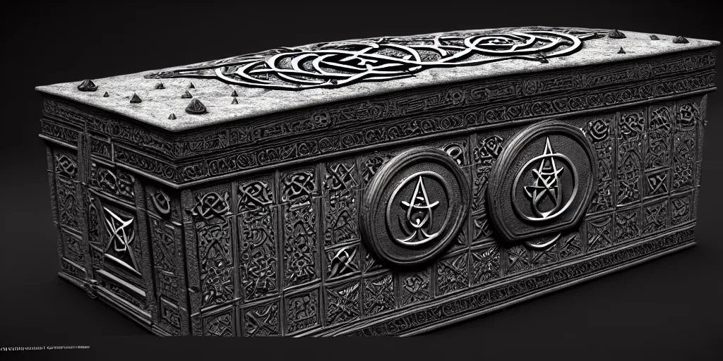 Image similar to an ancient ornate intricate old spell satanic coffin with the sigil symbol of evil emblazoned on the cover, cinematic, realistic, intricate detail, finely detailed, small details, extra detail, photorealistic, high resolution, 3 d, pbr, path tracing, volumetric lighting, octane render, arnold render, 8 k