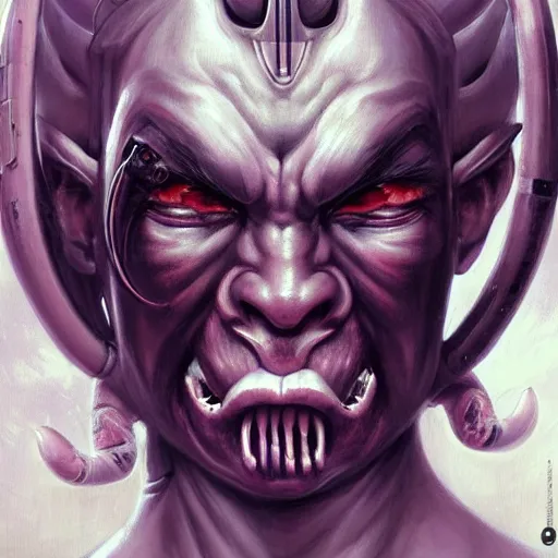 Image similar to portrait, cyberpunk japanese oni demon with horns, stern expression, cyberpunk 2 0 7 7, highly detailed, digital painting, artstation, concept art, smooth, sharp focus, illustration, artgerm, tomasz alen kopera, peter mohrbacher, donato giancola, joseph christian leyendecker, wlop, frank frazetta