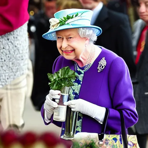 Image similar to Queen Elizabeth drinking beer from a shoe