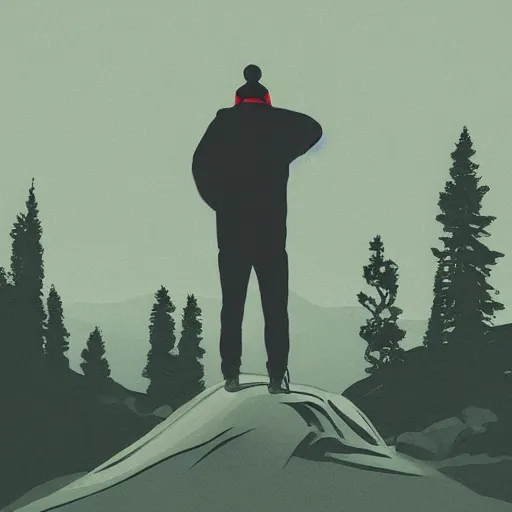 Image similar to man standing up in the mountains, album cover design illustration digital art