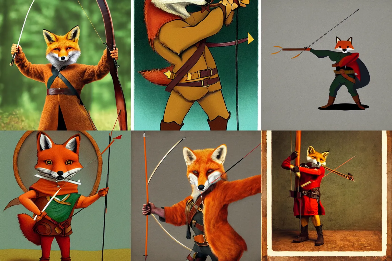 Prompt: Robin Hood as an Anthropomorphic Red Fox holding a Crossbow photograph in the style of Annie Leibovitz, photorealistic