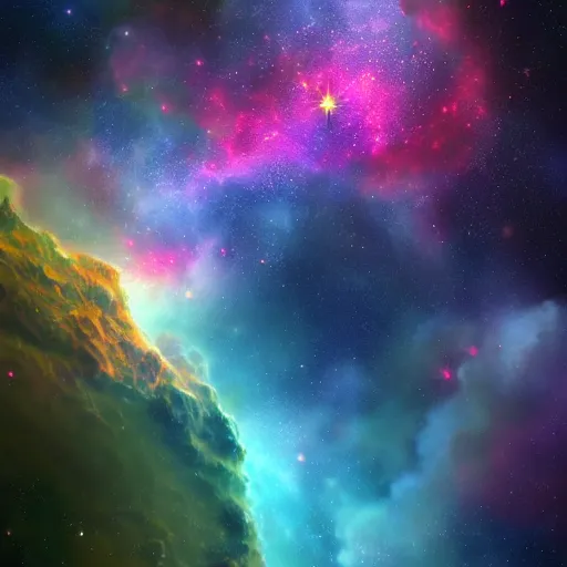 Prompt: A vast nebula in space, many colours, illustration, award winning, detailed, artstation, cgsociety,