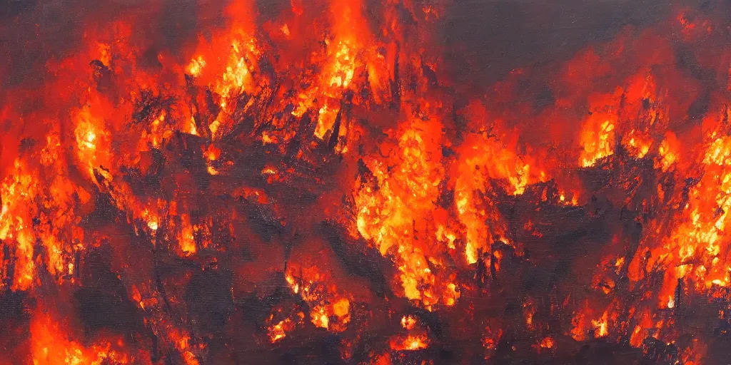 Prompt: New York fire, flames everywhere, aerial view, realistic, oil on canvas, 8k, high def, macro detail