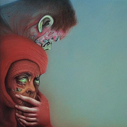 Image similar to Painting in a style of Beksinski featuring bibi netanyahu crying. Pain and suffering in the background