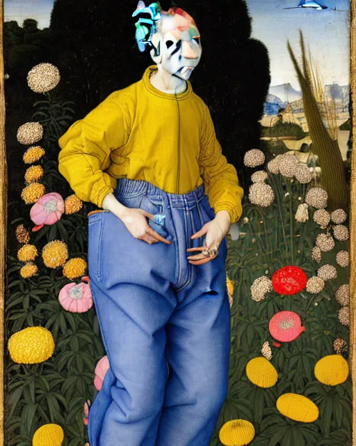 Image similar to portrait of a woman with blue hair buns, wearing a yellow jacket and baggy jeans, standing in a garden full of plants and flowers, intricate details, high detail, in the style of rogier van der weyden and jacopo da pontormo, punk, asian art,