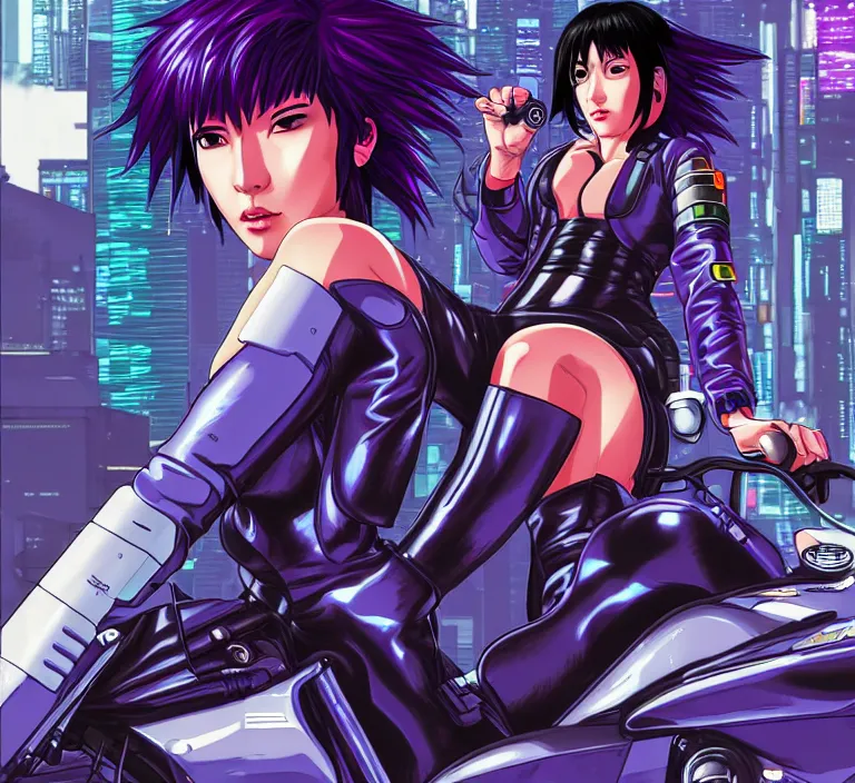 Image similar to motoko kusanagi riding a cyberpunk vehicle in a grungy cyberpunk megacity, bosozoku gang war, cyberpunk vaporwave, by phil jimenez, artgerm, sola digital arts, anti aliasing, raytracing