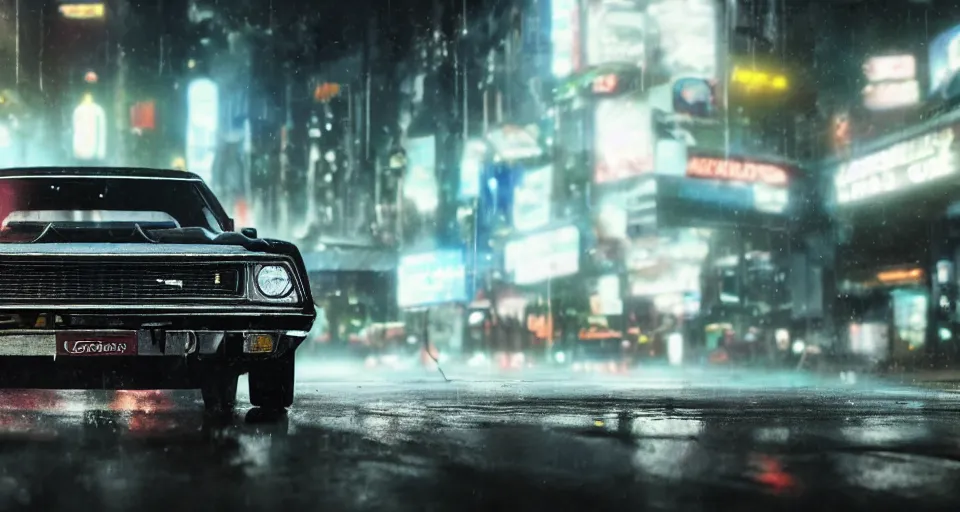 Prompt: close up macro shot of a 1 9 7 3 ford xb falcon gt car on wet city street at night, intricate, hyper detailed, smooth, high contrast, neon, volumetric lighting, octane, moebius, greg rutkowski, blade runner, ripley scott, cindmatic