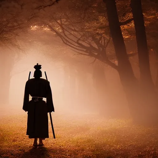 Image similar to a samurai walks alone through the light woods, bright, scenic, lively, cinematic lighting, intricate detail