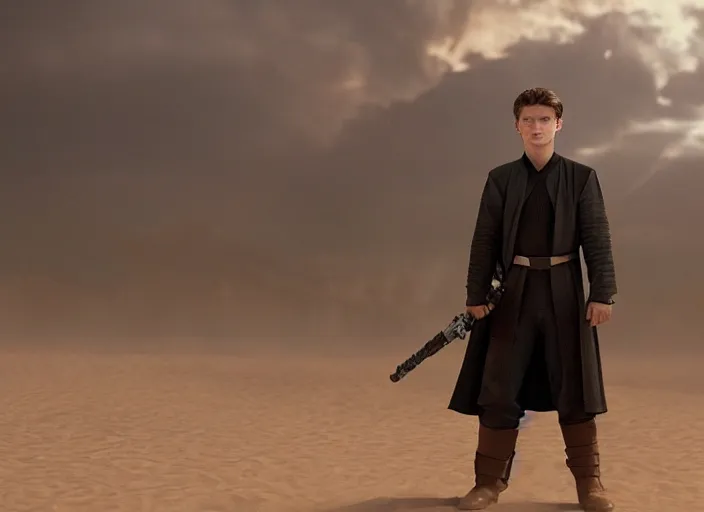 Image similar to tom holland plays anakin skywalker in the live action remake of star wars revenge of the sith, 3 5 mm photography, highly detailed, cinematic lighting, standing pose, holding lightsaber 4 k