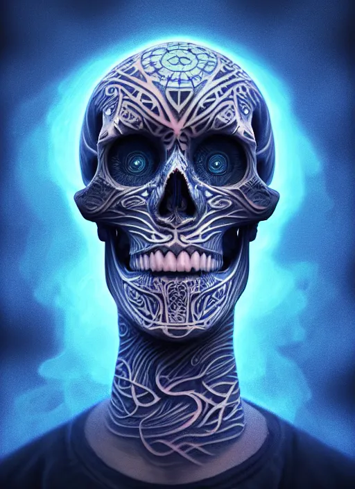 Prompt: 3 d shaman with tattoos profile portrait, sigma 5 0 0 mm f / 5. beautiful intricate highly detailed skull. bioluminescent, plasma, frost, water, wind, creature, gradient background, thunderstorm! artwork by tooth wu and wlop and beeple and greg rutkowski, 8 k trending on artstation,