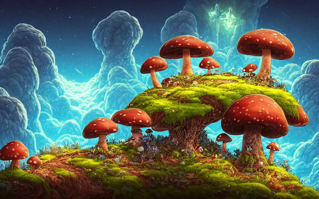 Prompt: the mushroom story house tells the tale of an epic journey, a journey into the mind of the creator. the mushrooms grow on a mountain that is home to lost time. by dan mumford, yusuke murata, makoto shinkai, ross tran, cosmic, heavenly, god rays, intricate detail, cinematic, cel shaded, unreal engine, featured on artstation, pixiv