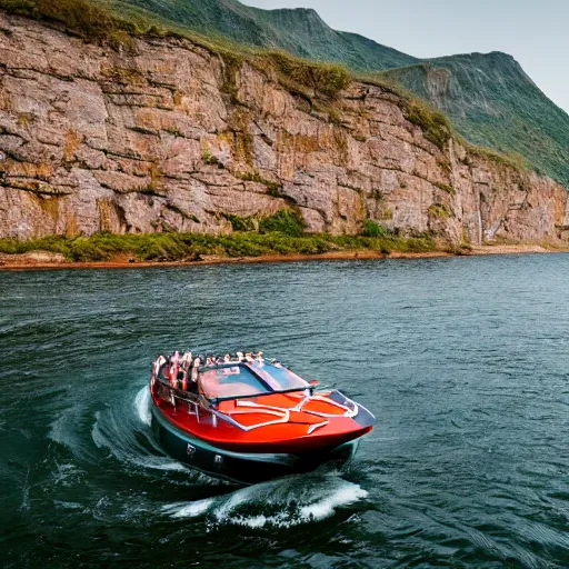 Image similar to speedboat that looks like a viking ship sailing down a river