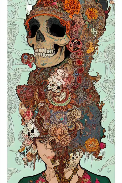 Image similar to beautiful skull portrait girl female illustration detailed patterns art of thai traditional dress, pop art, splash painting, art by geof darrow, ashley wood, alphonse mucha, makoto shinkai