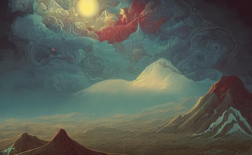Image similar to mountains, moons and paisley filled sky, artstation, intricate, highly detailed, digital painting, concept art, sharp focus, illustration by Benjamin Lacombe and Kilian Eng