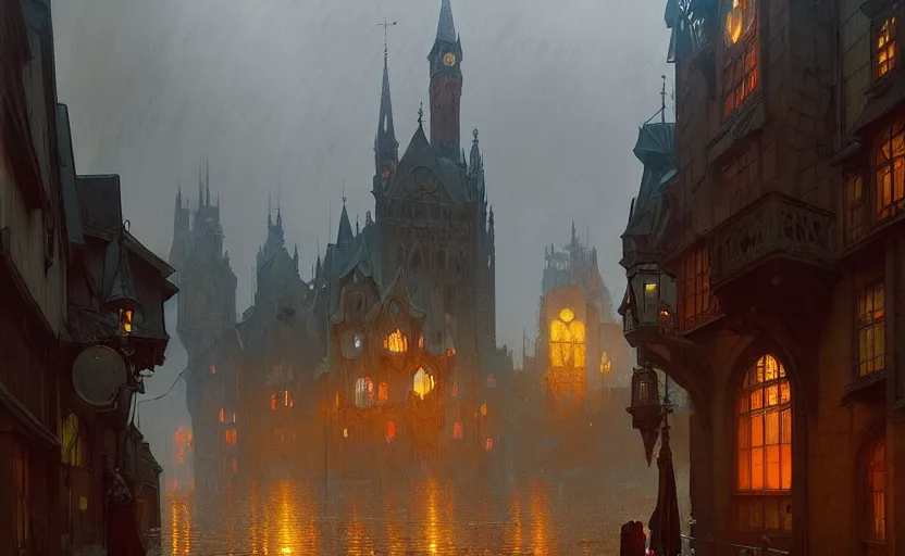 Prompt: an old medieval city with rainy atmosphere and moody and cinematic lighting by alphonse mucha, simon stalenhag and darek zabrocki, cinematic and atmospheric, concept art, artstation, trending on artstation