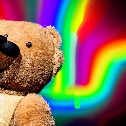 Image similar to teddy bear vomiting rainbow, photorealistic