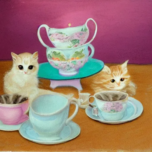 Prompt: a tea party with birds and kittens, pastel colors