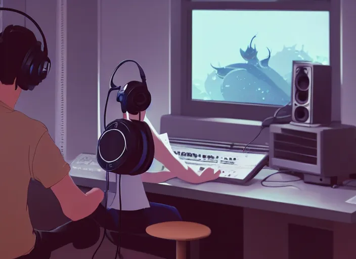 Image similar to man with headphones at his home studio producing music late at night, very detailed, 4 k, cory loftis, james gilleard, atey ghailan, makoto shinkai, goro fujita, studio ghibli, rim light, exquisite lighting, clear focus, very coherent
