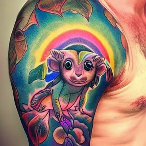 Prompt: shoulder tattoo of a multicolored trippy meditating cute bush baby, eyes are glowing rainbow spirals, happy mood, surrounded with colorful magic mushrooms and rainbow marihuana leaves, insanely integrate