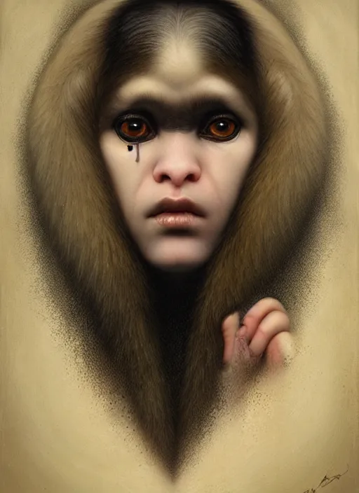 Prompt: an unnerving portrait of a marmoset monkey with pitch black eyes and short blond hair, art tom bagshaw