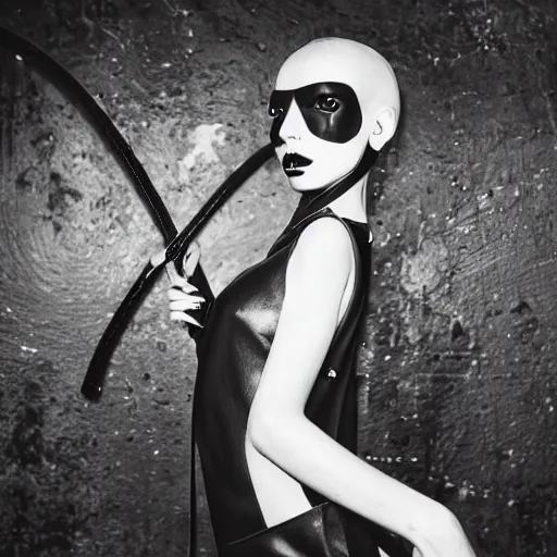 Image similar to fashion photography of an extraterrestrial model, holding a leather whip, wearing demobaza fashion, inside berghain, berlin fashion, harness, futuristic fashion, dark minimal outfit, photo 3 5 mm leica, hyperdetail, berghain, 8 k, very detailed, photo by nick knight