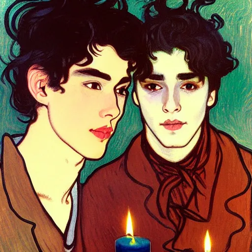 Image similar to painting of young cute handsome beautiful dark medium wavy hair man in his 2 0 s named shadow taehyung and cute handsome beautiful min - jun together at the halloween party, bubbling cauldron, candles, smoke, tarot, autumn colors, elegant, stylized, soft facial features, delicate facial features, art by alphonse mucha, vincent van gogh, egon schiele