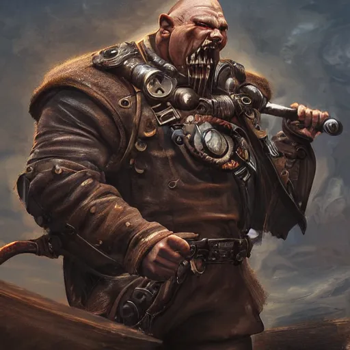 Prompt: portrait of a muscular, bald orc mechanic, wearing a heavy brown leather coat, wielding a wrench, tusks visible, steampunk and magic setting, DnD character, fantasy character, dramatic lighting, high detail, digital art by Ruan Jia