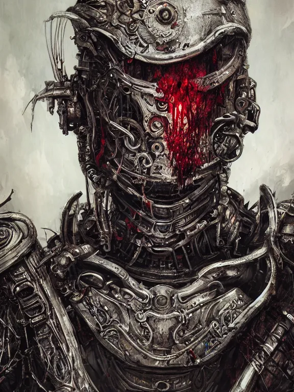 Prompt: portrait art of 8k ultra realistic cursed man,blood, detailed intricate ornate armour,decaying, cybernetic, full of colour, cinematic lighting, battered, trending on artstation, 4k, hyperrealistic, focused, extreme details,unreal engine 5, cinematic, masterpiece, art by ayami kojima, giger