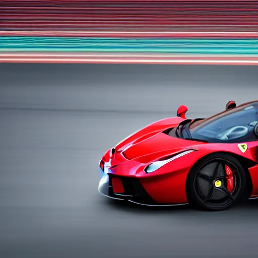 Image similar to 4K HD, high detail photograph,shot with Sigma f/ 4.2 , 250 mm sharp lens, overlap perspective, becoming the subject extreme wide shot ,shallow depth of field : (subject= ferrari laferrari and lewis hamilton + subject distance = very far + high detailed light refraction , high level texture render)