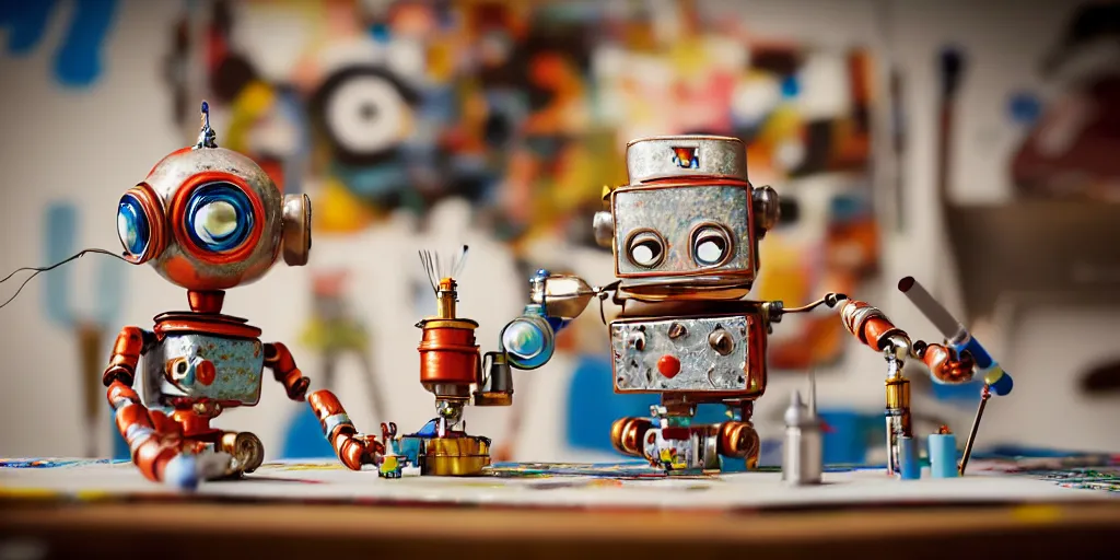 Image similar to closeup portrait of tin toy retro robot painter mixing gouache on white paper table in an artist workshop, depth of field, zeiss lens, detailed, centered, fashion photoshoot, by nicoletta ceccoli, mark ryden, lostfish, breathtaking, 8 k resolution, extremely detailed, beautiful, establishing shot, artistic, hyperrealistic, octane render