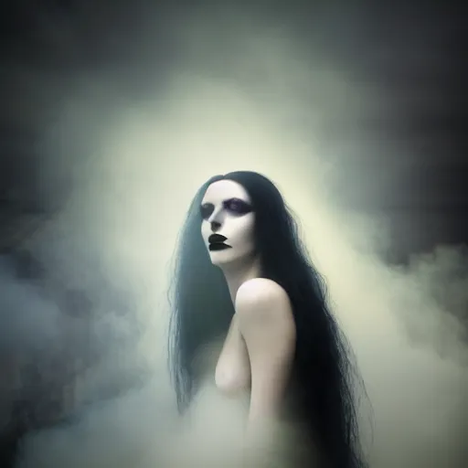 Image similar to photographic portrait of a stunningly beautiful goth cyberpunk renaissance female ghost in soft dreamy light at sunset, smoke fog dust, god rays contemporary fashion shoot, by edward robert hughes, annie leibovitz and steve mccurry, david lazar, jimmy nelsson, breathtaking, 8 k resolution, extremely detailed, beautiful, establishing shot, artistic, hyperrealistic, beautiful face, octane render