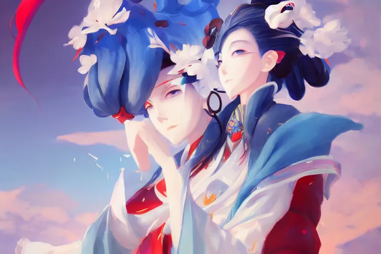 Prompt: onmyoji, onmyoji detailed art, vibrant colors and hard shadows and strong rim light, light blue sky, cool white color temperature, painting by wlop