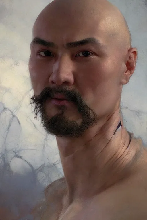 Image similar to beautiful cute bald kazakh guy with a short beard, painted by ruan jia, raymond swanland, lawrence alma tadema, zdzislaw beksinski, norman rockwell, jack kirby, tom lovell, alex malveda, greg staples