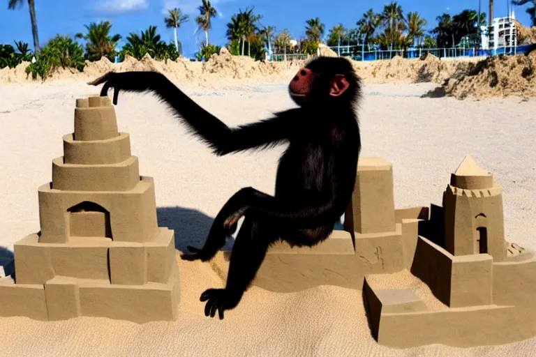 Prompt: a monkey touching a completed sand castle