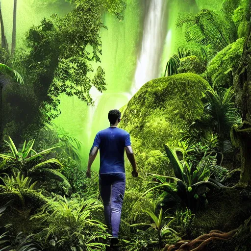 Image similar to 4 k realistic photo of a man walking through a jungle, lush rainforest, waterfall in the background,