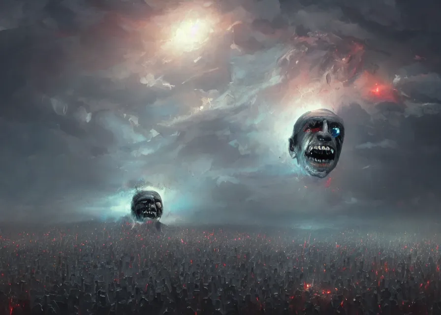 Image similar to large abstract painting of giant grinning evil dynamic Joe Biden head emerging from cosmic clouds at giant immense crowd of person army, trending on ArtStation, masterpiece, by Greg Rutkowski, by Ross Tran, by Fenghua Zhong, octane, lightbeam eyes, oil on canvas, moody lighting, lights beaming out of eyes, cinematic, professional environment concept art