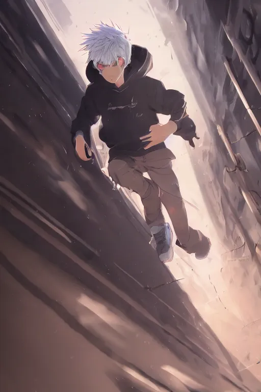 Image similar to anime teen boy with messy white hair wearing a hoodie running from police pursuit in an alleyway, concept art, wlop, digital painting, trending on artstation, highly detailed, epic composition, official media, 8 k uhd