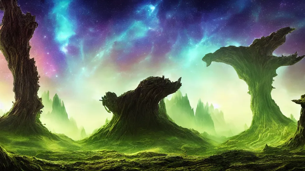 Image similar to an alien landscape view, alien sky, star in the sky, alien waterfall, weird alien trees, alien colorful greenery, alien mountains, epic composition, 4 k, detailed, realistic