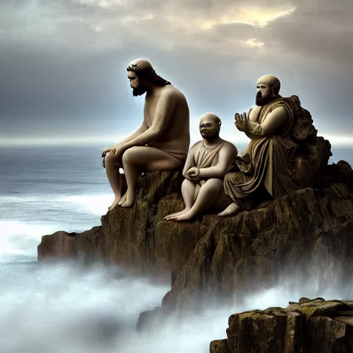 Prompt: a stunning 3 d render of a jesus and buddah and fredrick nietzsche sitting on a cliff facing away from the camera in the rain watching the sunrise over the ocean, turbulent ocean in the background, intricate, elegant, highly detailed, artstation, ultra sharp focus, octane render, volumetric lighting, in a neoclassical and baroque style