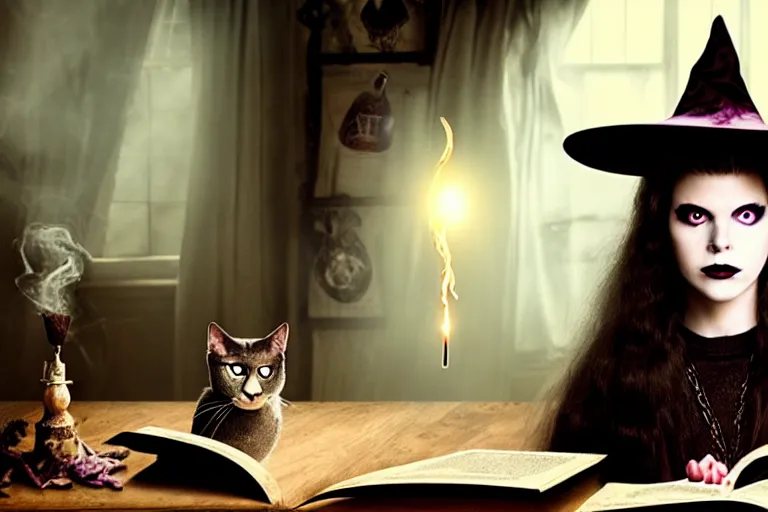 Prompt: close up portrait, dramatic lighting, teen alice witch casting a spell over a large open book on a table with,, cat on the table in front of her, sage smoke, a witch hat cloak, apothecary shelves in the background, still from tim burton movie