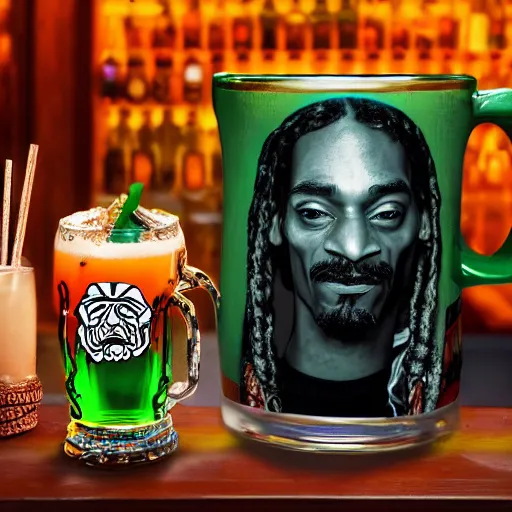 Image similar to a closeup photorealistic photograph of happy blunt smoking snoop dogg at trader vic's bar sitting next to a trader vic's style tiki mug featuring the face of snoop dogg. tiki culture. bright scene. 4 k hd image that's trending on artstation, featured on behance, well rendered, extra crisp, features epic composition and the style of unreal engine.