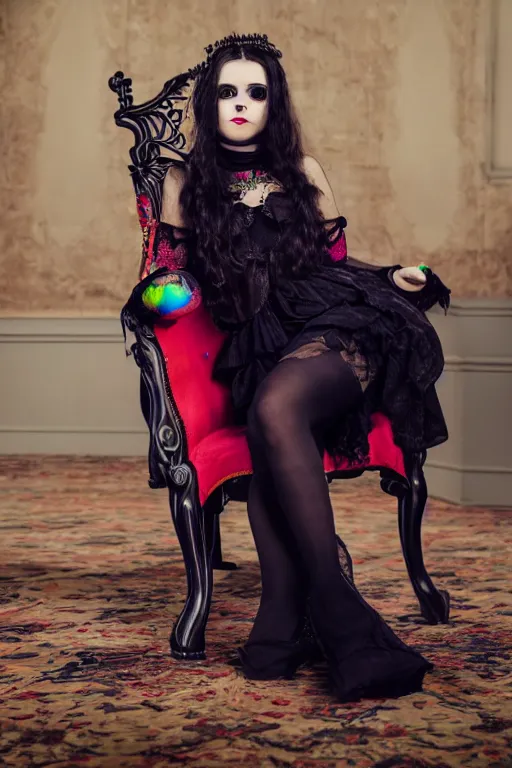 Image similar to full - length photo, young woman, sitting on chair, gothic clothes, 4 k, colourful