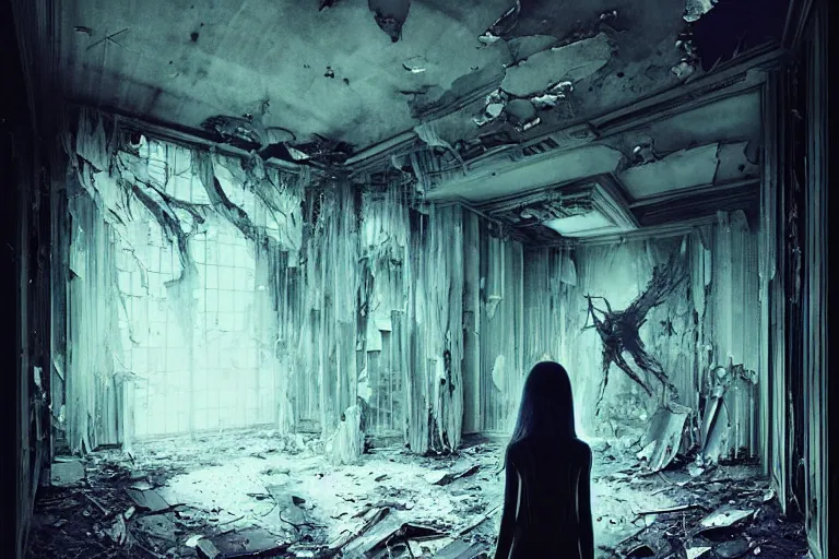 Image similar to vertical movie frame portrait of girl inside abandoned bedroom, ominous backrooms at distance seen through big broken shattered window, giger interior design, architectural design, vintage, liminal aesthetic, dreamcore, weirdcore, clean lines, wide angle, by wayne barlowe, tsutomu nihei, zdzislaw beksinski,