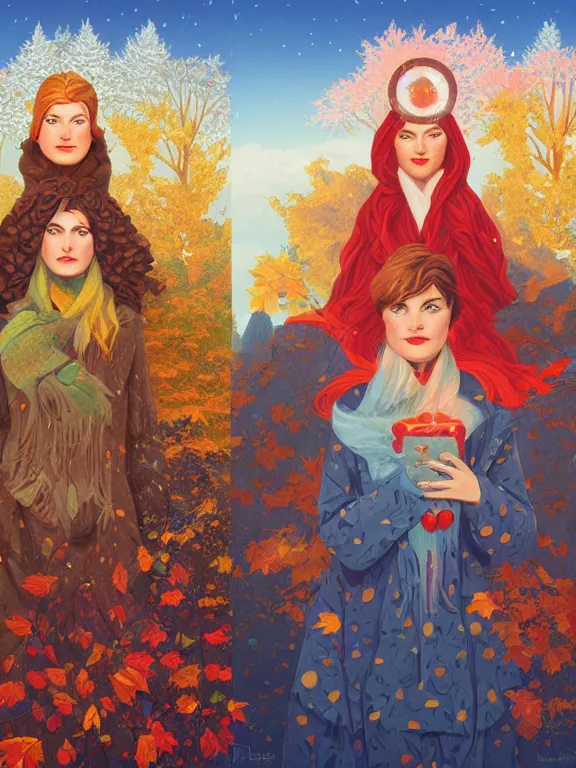 Prompt: portrait of the four season guardian, winter, summer, autumn, spring, concept art, wiccan, poster art, behance contest winner, high detailed painting by albert lynch and tom whalen