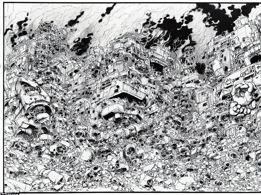 Prompt: prompt: Character scene in the broken concrete site drawn by Katsuhiro Otomo, soft face features, inspired by folklore, monsters and creatures fighting main character, on the sides alchemical artifacts and mysterious entities attributes and trinkets, clean ink detailed line drawing, intricate detail, manga 1990