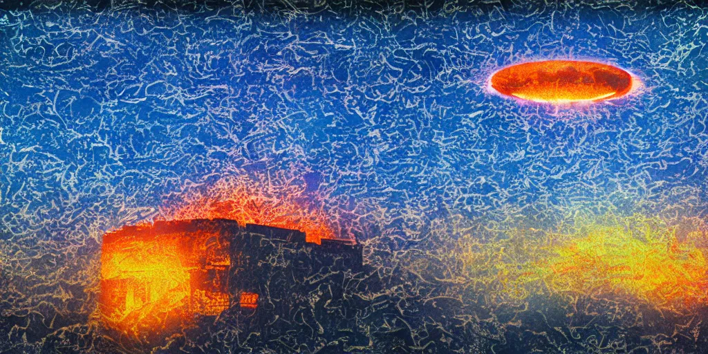 Image similar to a solar eclipse high above ancient babylon ablaze, a giant in the distance, thick impasto paint, double exposure, Chromatic Aberration