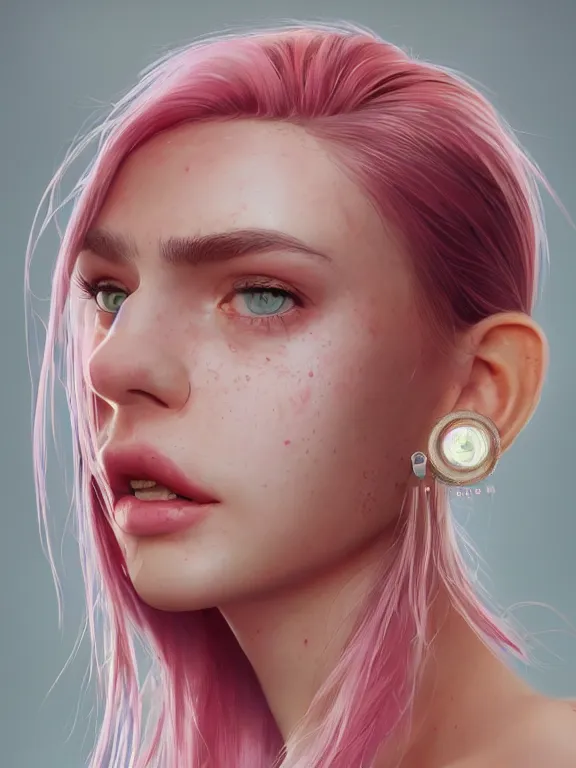 Image similar to beautiful russian girl with cute freckles and short faintly colored in pink hair and nose piercing, thin round earrings, winds of winter, au naturel, hyper detailed, digital art, trending in artstation, cinematic lighting, studio quality, smooth render, octane rendered, concept art, sharp focus, illustration, art by artgerm and greg rutkowski and wlop