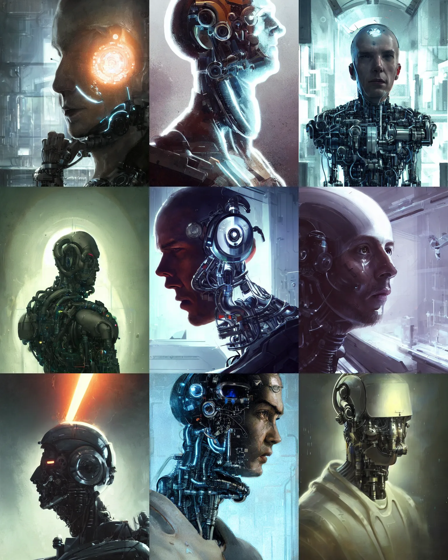 Image similar to a laboratory technician man with cybernetic enhancements seen from a distance, scifi character portrait by greg rutkowski, craig mullins, 1 / 4 headshot, cinematic lighting, dystopian scifi outfit, profile picture, mechanical, cyborg, half robot