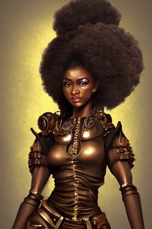 Image similar to beautiful steampunk african girl with a large afro holding. smart pose, tight futuristic armor, artgerm, trending on artstation, character concept art, bokeh